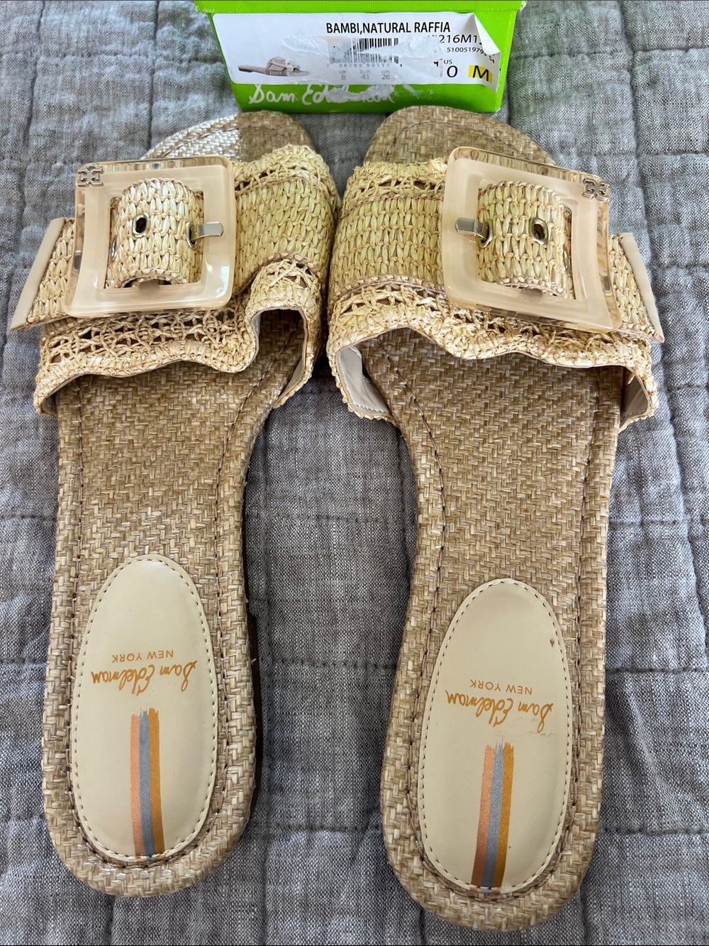 Sam Edelman Natural Raffia Buckle Slide Mules - Beige
